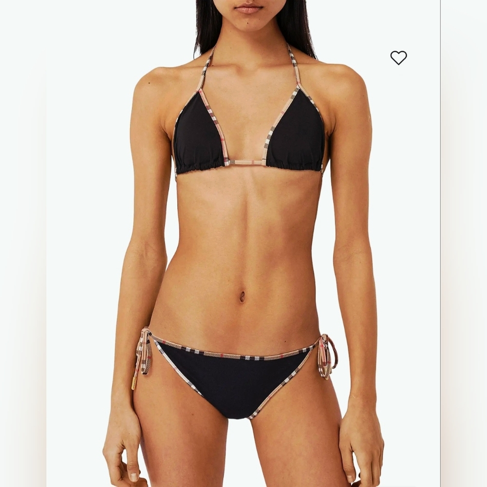 Black Triangle Bikini with Contrast Plaid-Trim Accents Size M Nwot